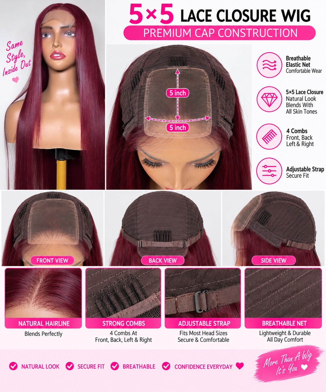 5x5 Straight Human Hair Closure Wig 180% Density-